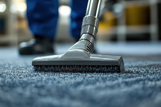 Close-up of professional vacuum cleaner being used on a blue carpet with technician in the background. Detail oriented carpet cleaning service.