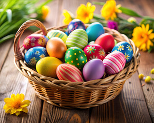 Fototapeta premium easter eggs in a basket on a wooden table
