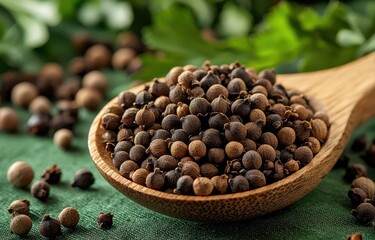 Cloves on a wooden spoon surrounded by scattered spices with a green leafy background
