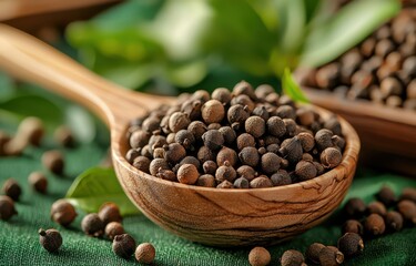 A wooden spoon filled with aromatic cloves on a green cloth background, highlighting the natural spice used for cooking and flavoring.