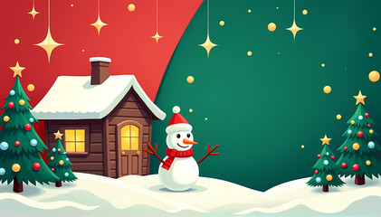 Illustrated Christmas card featuring a smiling snowman in front of a rustic wooden cabin surrounded by decorated Christmas trees, with a starry sky and cheerful winter mood.