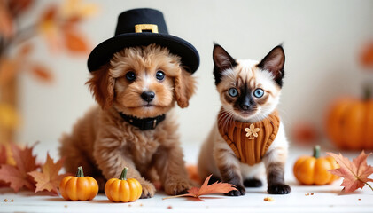 Charming portrait of a poodle puppy in a Thanksgiving hat next to a Siamese kitten with autumn foliage and pumpkins, in festive themed studio.