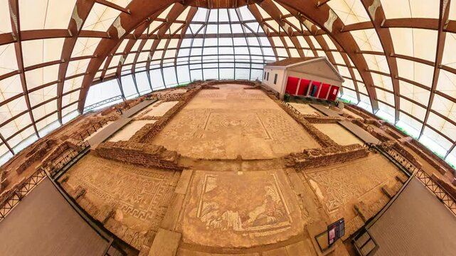 Nis, Serbia, Sept 3,2024: Top 360 view of the complex Roman mosaics, a key highlight of the Mediana archaeological site, meticulously safeguarded beneath a contemporary protective dome.