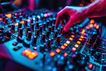 Close-up of Hand Adjusting Knobs on a Soundboard in a Dark Room with Vibrant Blue and Pink Lighting