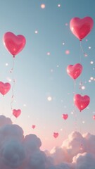 Heart-shaped balloons floating in a pastel sky above soft clouds during sunset, creating a dreamy atmosphere for celebration