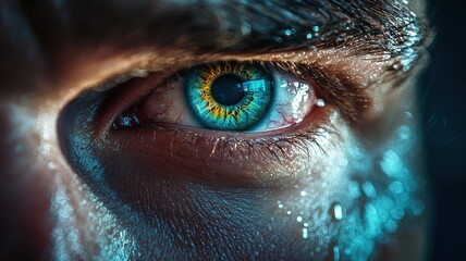 A close-up of a striking blue eye with unique patterns, showcasing intense detail and reflections, highlighting the emotional depth within.