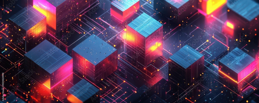 Poster isometric neon geometric design featuring glowing cubes and digital network patterns in a futuristic