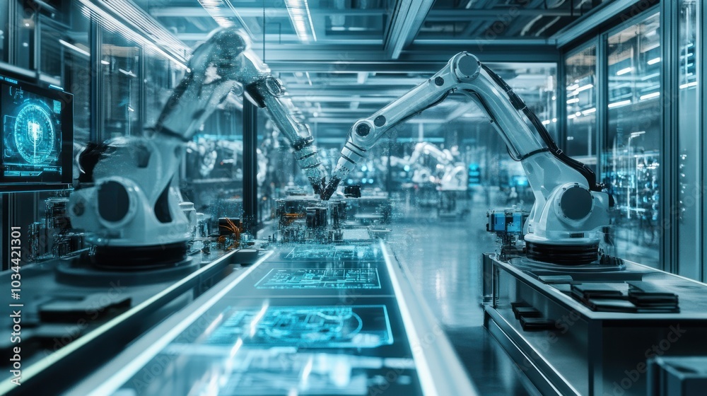 Aufkleber Two Industrial Robots Working in a Factory Setting
