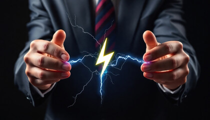 Businessman hand holding a lightning symbol on a background, energy concept. Electrical power innovation and future technology inspiration, glowing idea of success in business.