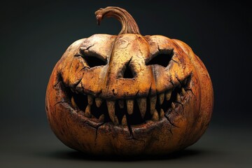 Spooky Pumpkin Head. Halloween Jack-o-Lantern with Scary Face in Dark Forest