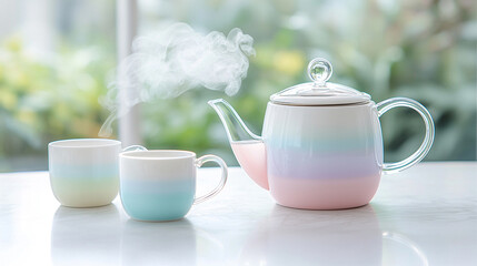 A beautifully crafted tea set featuring a steaming teapot and delicate tea cups, set against a soft, blurred garden backdrop. 