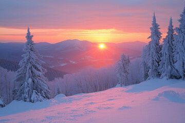 A breathtaking winter sunrise illuminating snowy peaks and frost-covered trees in a serene mountain landscape
