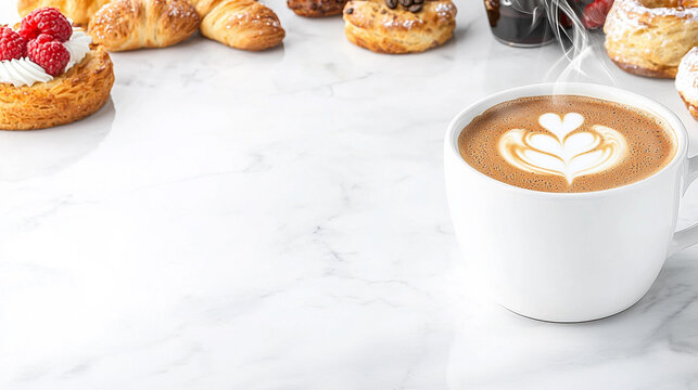 A steamy cup of gourmet coffee elegantly placed on a marble countertop, accented by artisanal pastries in the background, showcasing the rich textures and colors of both the drink and the food. 