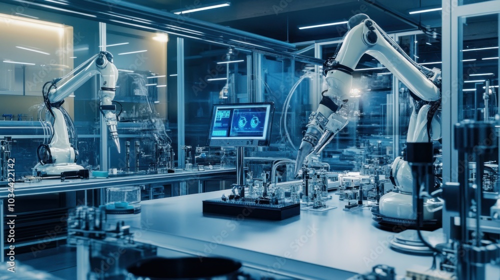 Poster two industrial robots working on a production line in a modern factory