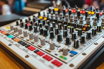 Closeup of a Sound Mixing Board with Knobs and Buttons