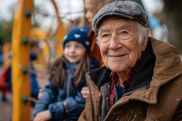 Fototapeta premium An elderly man smiles warmly while sitting at a playground, surrounded by children playing nearby. The atmosphere is joyful as the children interact and enjoy their time