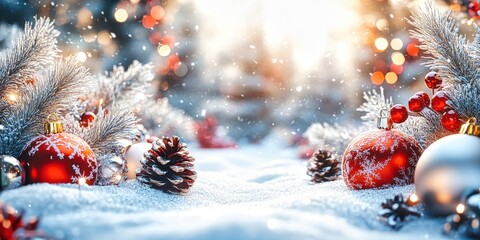 Red and silver christmas ornaments resting on snow with pine sprigs