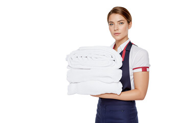 Serious Young Female Housekeeper in Uniform Holds a Stack of White Towels. Isolated on Transparent Background. Portrait, PNG.
