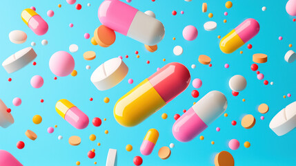 Pills blue background. Pharmaceutical medication health treatment. Prescription. Medical science, healthcare, pharmacy technology.