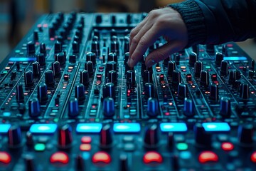 Hand Adjusting Knobs on a Sound Mixing Console