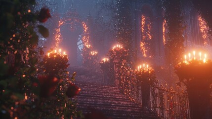 Fototapeta premium Enchanted Gothic Garden at Twilight - Dark Halloween 3D Illustration