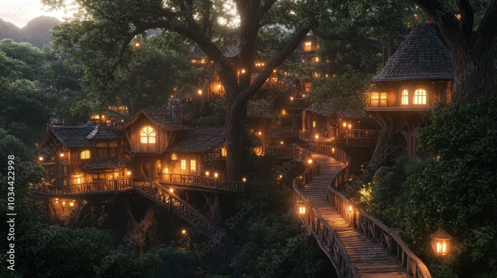 Poster enchanting treehouse village illuminated at dusk
