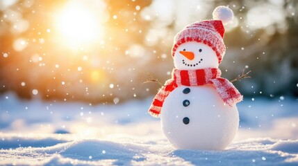 Fototapeta premium Snowman in Sunlight. Festive Winter Celebration with Family Outdoors