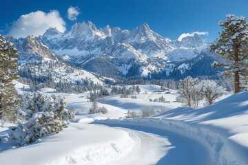 Snow-covered mountains and winding road under bright blue sky captured in a stunning winter landscape
