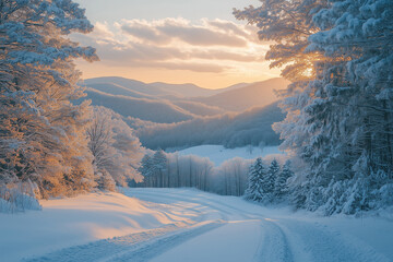 A tranquil winter afternoon with snow-covered trees and a winding road leading to distant mountains under a soft sunset glow