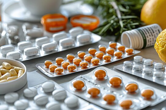 Various types of tablets and capsules are organized on a table alongside fresh herbs and citrus fruits, suggesting a focus on health and well-being in a home setting.