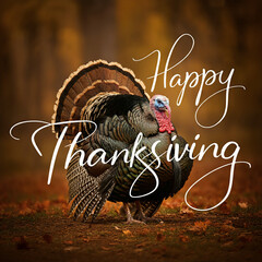 Have a Happy Thanksgiving text a turkey, adorned in autumnal fall colors.