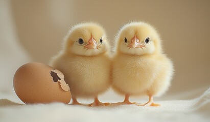 Fototapeta premium Two fluffy yellow chicks standing next to a cracked egg on a soft surface