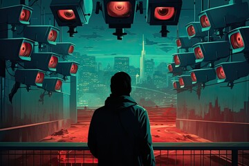 A person stands on a balcony overlooking a city bathed in red light surrounded by numerous surveillance cameras symbolizing heightened security concerns