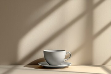 A White Coffee Cup on a Saucer Against a Tan Wall with Light Filtering Through a Window