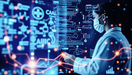 Obraz premium Business, people, technology and medicine concept female doctor nurse in medical mask working with virtual screen projection office background. Communication and data interface future.