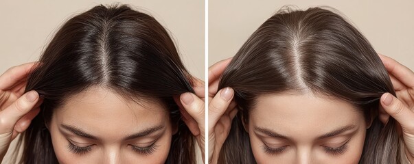 Fototapeta premium Side by side comparison of a woman's scalp showing natural hair color and graying roots, highlighting hair aging process