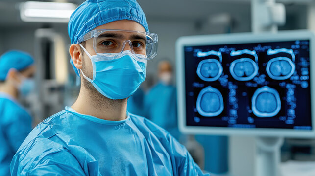 Surgeon in mask looking at x ray in operating room. Medical professional examining patient diagnosis with healthcare team, technology expertise for surgery operation in hospital.