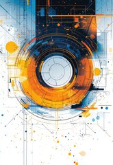Abstract  background with dynamic technical elements in blue and orange tones creating a futuristic digital interface design