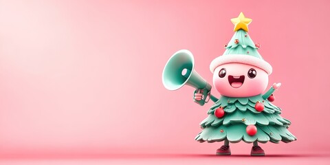 Cute christmas tree holding megaphone announcing holiday sale on pink background