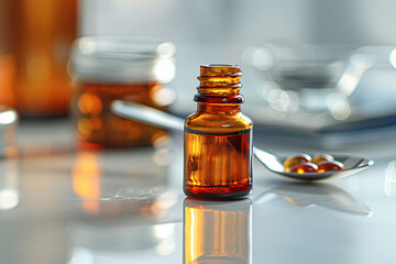 An amber bottle filled with essential oil is prominently featured on a smooth countertop, accompanied by a spoon and various small containers, suggesting a moment of natural wellness.