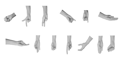 Different hand gestures and signs set, fingers arms isolated on white background