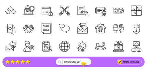Computer cables, Bus tour and Start business line icons for web app. Pack of Accounting report, Work home, Health app pictogram icons. Reject letter, Person idea, Certificate signs. Search bar. Vector