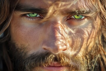 Obraz premium Serene Savior: Portrait of Jesus Christ with Green Eyes, Beard and Wavy Hair in Daylight