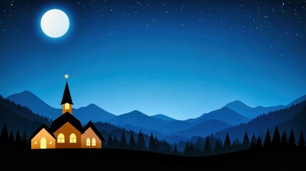 Small church shining in the moonlight over mountain landscape