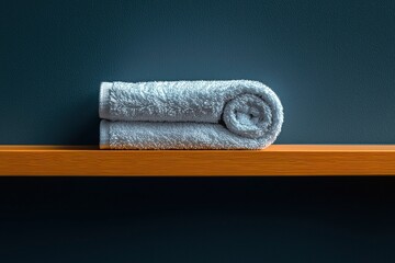 Fototapeta premium Rolled white towel on a wooden shelf against a blue background.