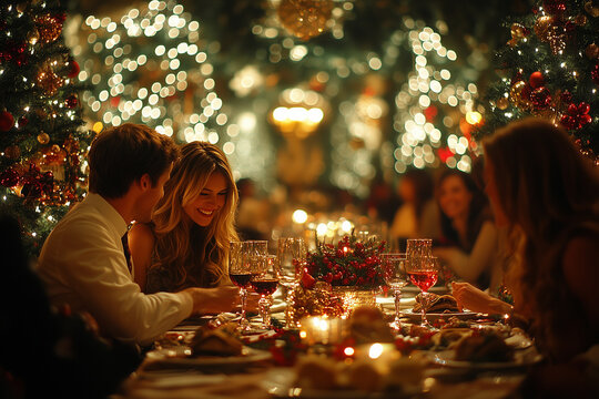Festive dinner gathering during Christmas at a beautifully decorated restaurant with sparkling lights and joyful conversations