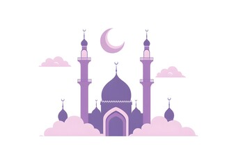 Minimalist Purple Mosque Illustration with Crescent Moon and Minarets in a Cloudy Sky