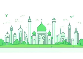 Green Outline Illustration of Iconic Middle Eastern Architecture with Sky and Birds