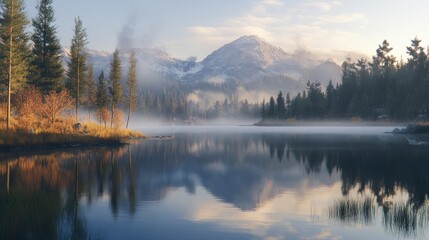 Fototapeta premium Misty Morning Landscape with Mountain Reflection in a Still Lake