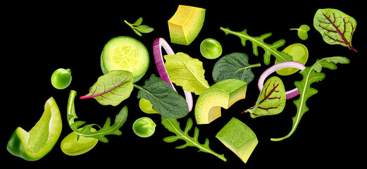 Vegetable salad mix isolated, falling rucola, lettuce, spinach leaves, sliced vegetable isolated on black background